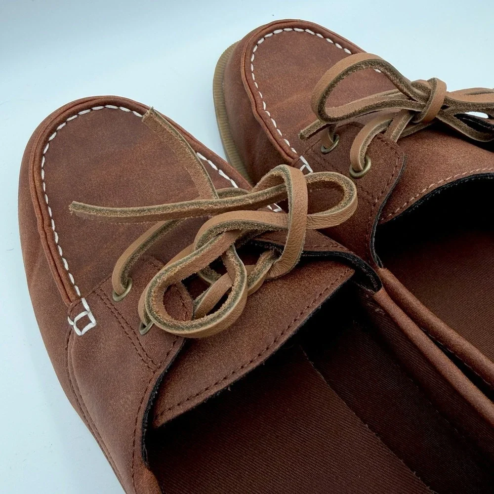 Old Navy men's cognac vegan leather‎ boat shoes lace up size 9 nautical sailing
